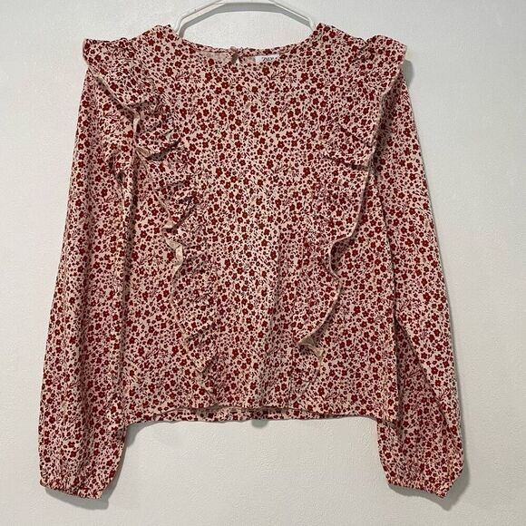 ZARA Girls Red Floral Ruffle Blouse | Size 13–14 (164 cm) | Long Sleeve Top - Picture 1 of 6